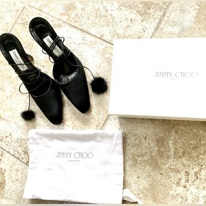 Jimmy Choo Black Lace Up Heels w/ Pom-Pom